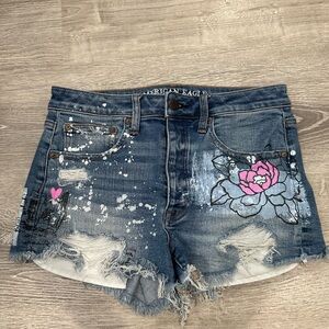 American Eagle Outfitters Women's Blue Denim Shorts with Pink Floral Design